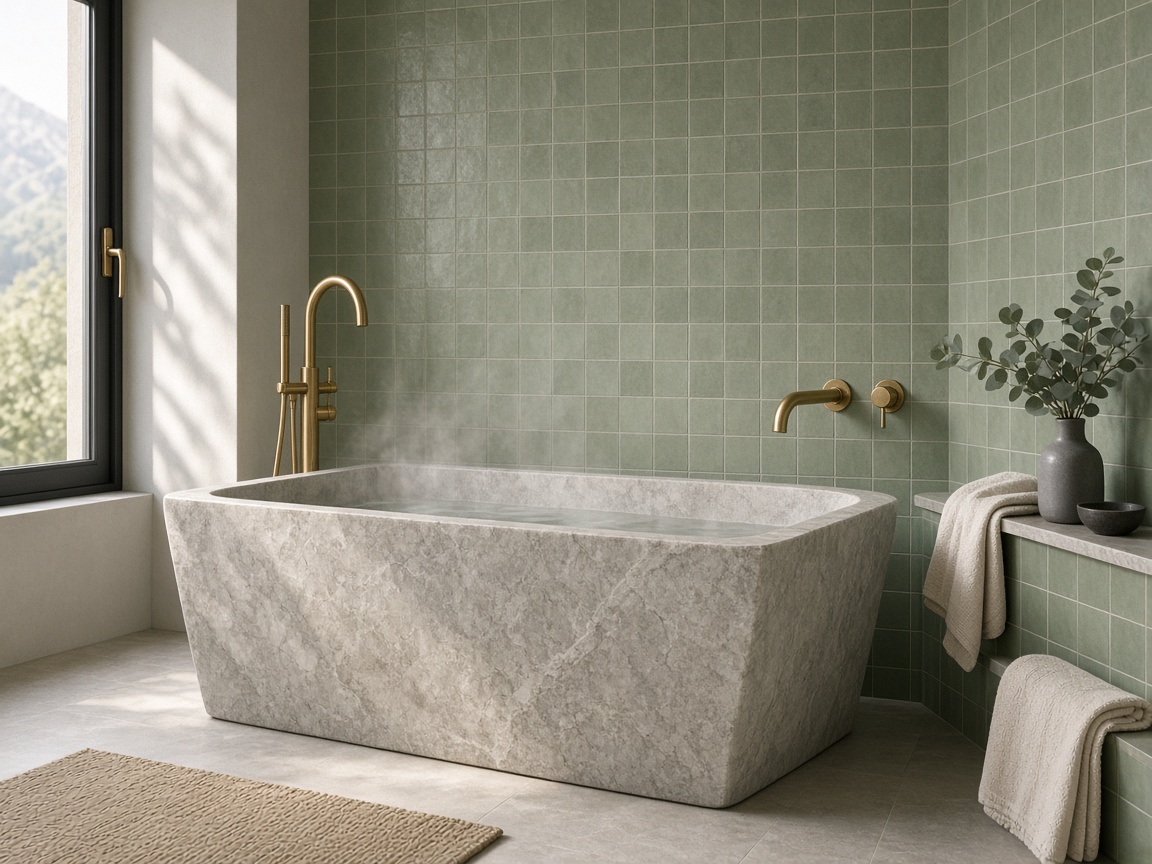 Badezimmer mit freistehender Wanne und Messingarmaturen