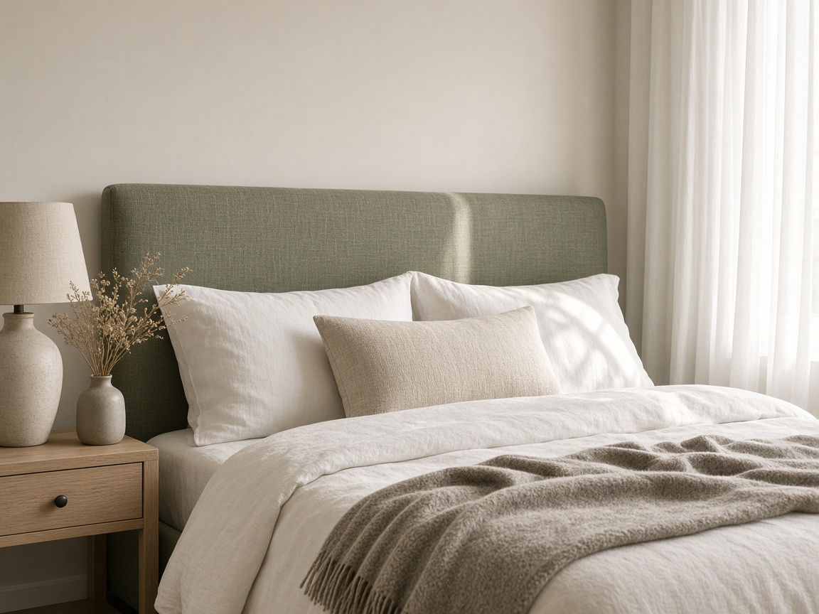 Schlafzimmer mit Leinenkopfteil und ruhigem Morgenlicht