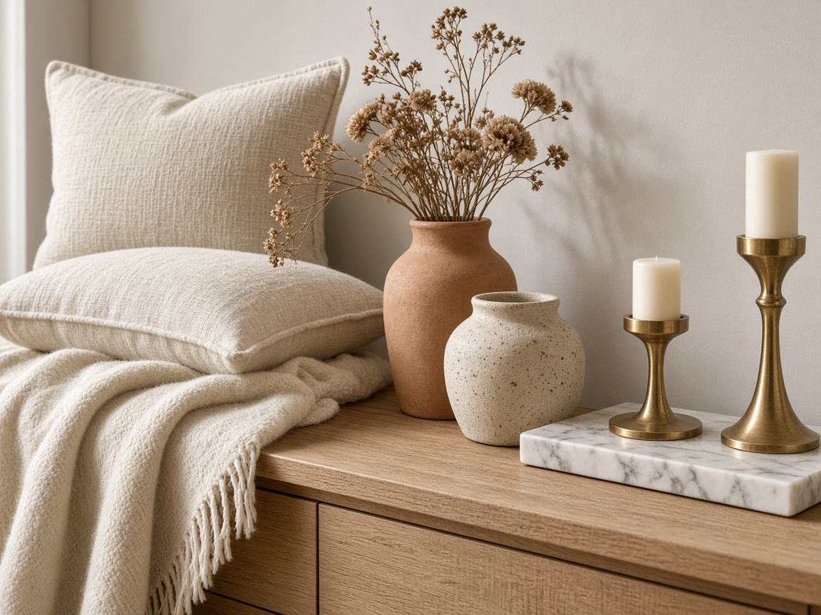 Homedekoration mit Leinenkissen, Keramikvasen und Messingleuchtern